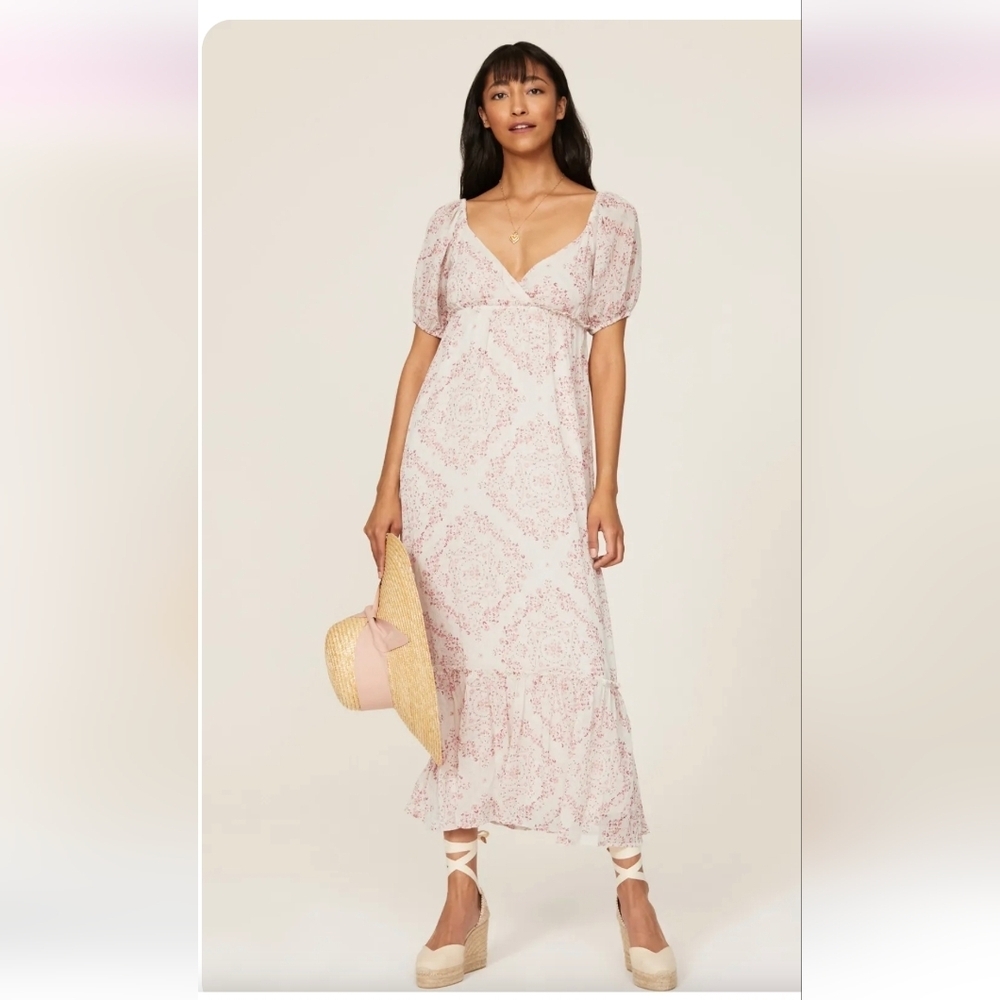 Slate & Willow for Revolve Pink Blush. Cottage Floral Print Midi Dress Slate Lg - Picture 13 of 13
